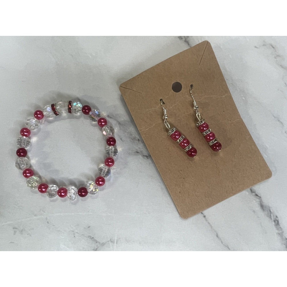 handmade‎ beaded dainty dangle earrings and bracelet set pink and silver tones